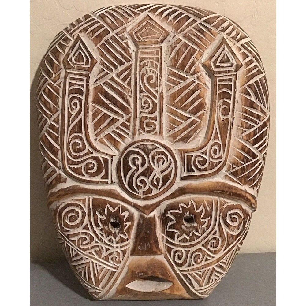 Global Mosaic Asia Tribal Warrior Mask - Hand Carved Wood Wall Decor 12”x10” NWT